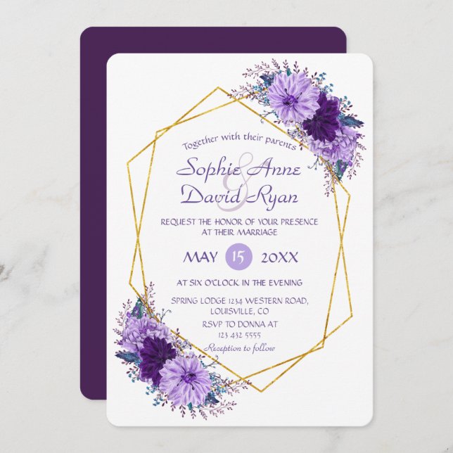 Invitation Mariage géométrique de couleur dorée violet (Devant / Derrière)