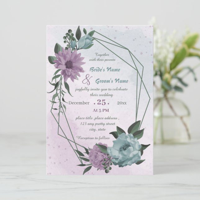 Invitation mariage géométrique de fleurs bleues violettes (Debout devant)