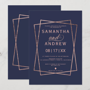 Invitation mariage géométrique de l'écriture d'or rose de la 