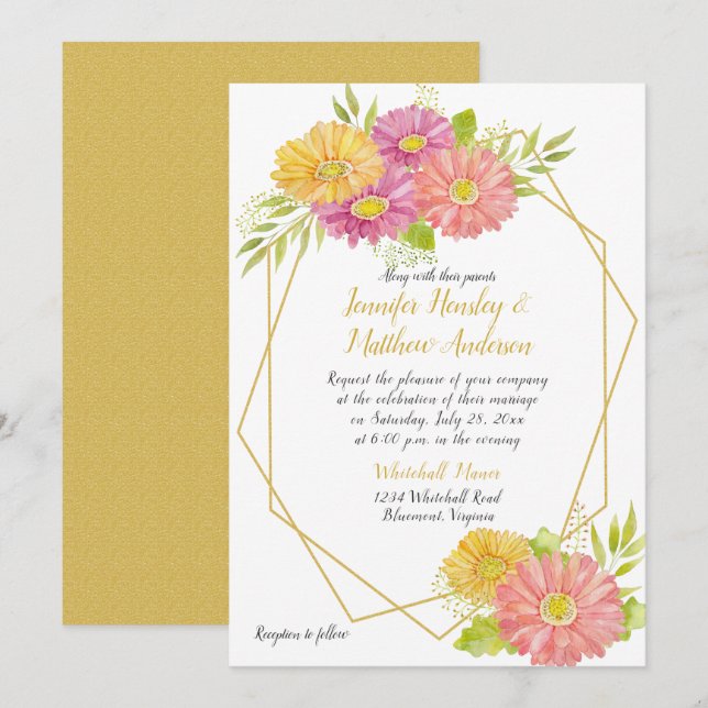 Invitation Mariage géométrique des marées de Gerbera rose et  (Devant / Derrière)