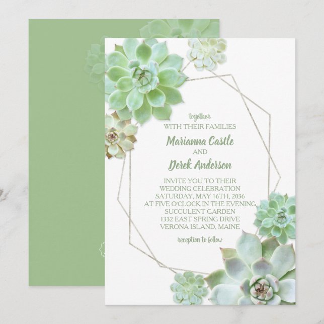 Invitation Mariage géométrique des succulents verts (Devant / Derrière)