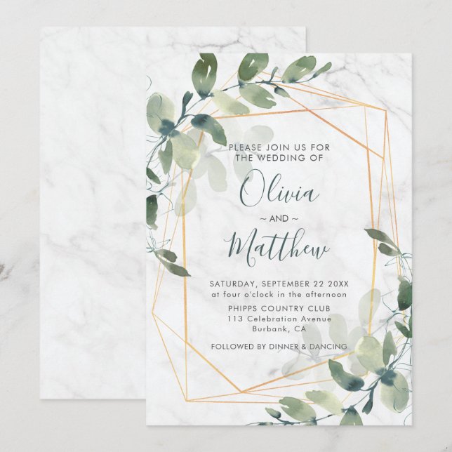 Invitation Mariage géométrique doré Eucalyptus en marbre (Devant / Derrière)