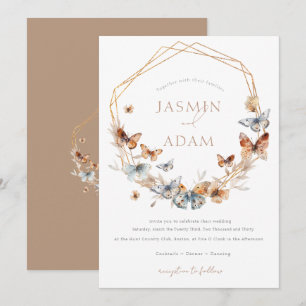 Invitation Mariage géométrique doré papillon floral élégant