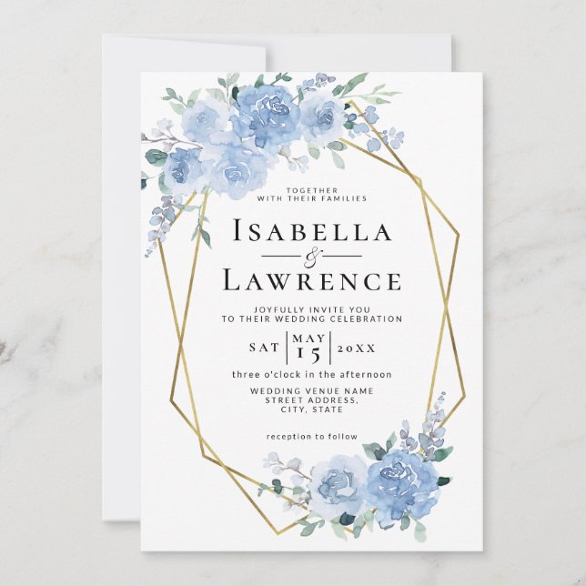 Invitation Mariage géométrique Dusty Blue Light Floral Gold (Devant)