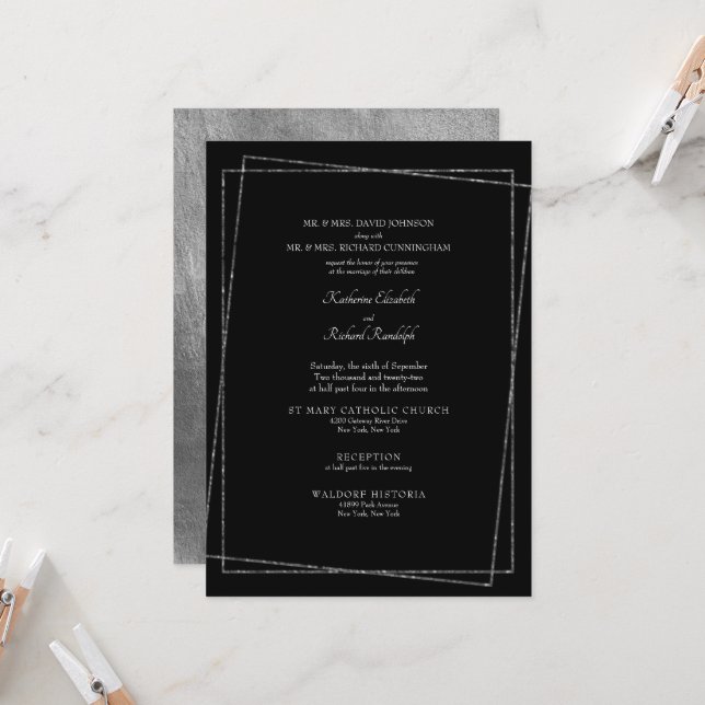 Invitation Mariage géométrique en argent noir et métallique (Devant/Arrière en situation)
