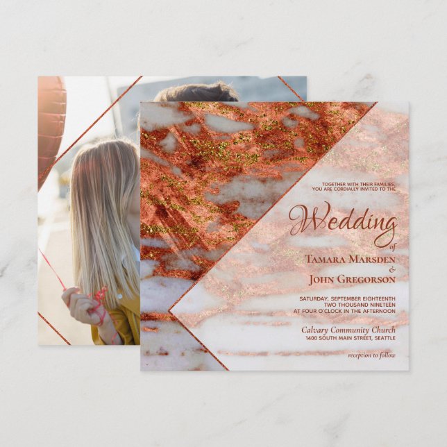 Invitation Mariage géométrique en marbre de cuivre élégant (Devant / Derrière)