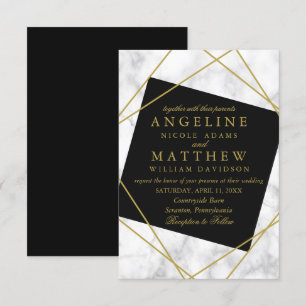 Invitation Mariage géométrique en marbre noir et or Faux