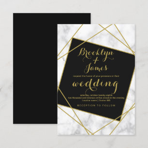 Invitation Mariage géométrique en marbre noir et or Faux