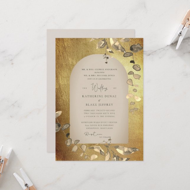 Invitation Mariage géométrique en or métallique et beige (Devant/Arrière en situation)
