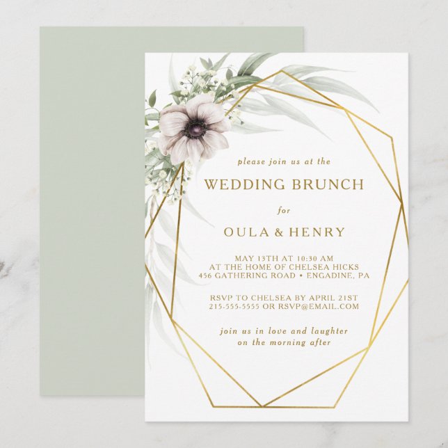 Invitation Mariage géométrique Eucalyptus Gold Brunch (Devant / Derrière)