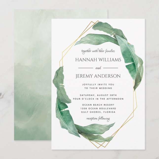 Invitation Mariage géométrique Exotic Tropical Banana Feuille (Devant / Derrière)
