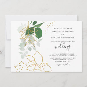 Invitation Mariage Géométrique Feuilles Dorées Eucalyptus Ver