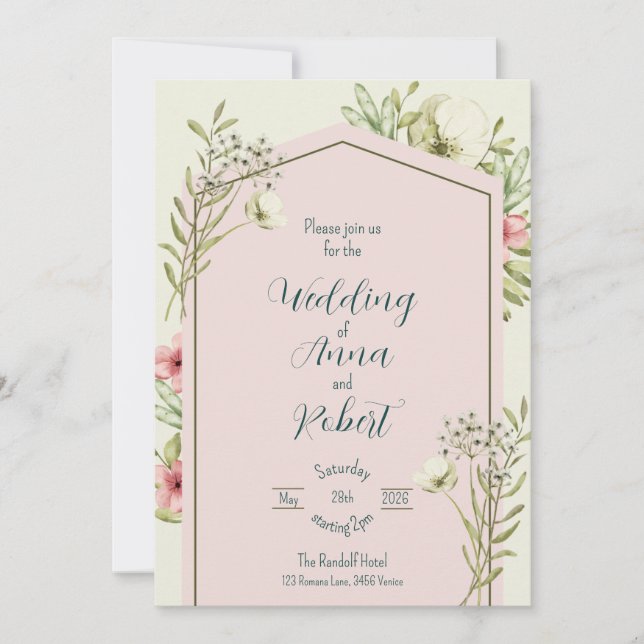 Invitation Mariage géométrique Fleur sauvage blanc et vert (Devant)