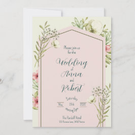 Invitation Mariage géométrique Fleur sauvage blanc et vert