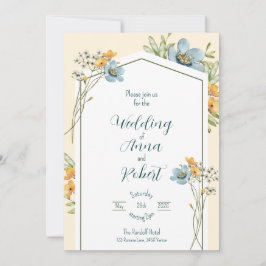 Invitation Mariage géométrique Fleur sauvage bleu et jaune