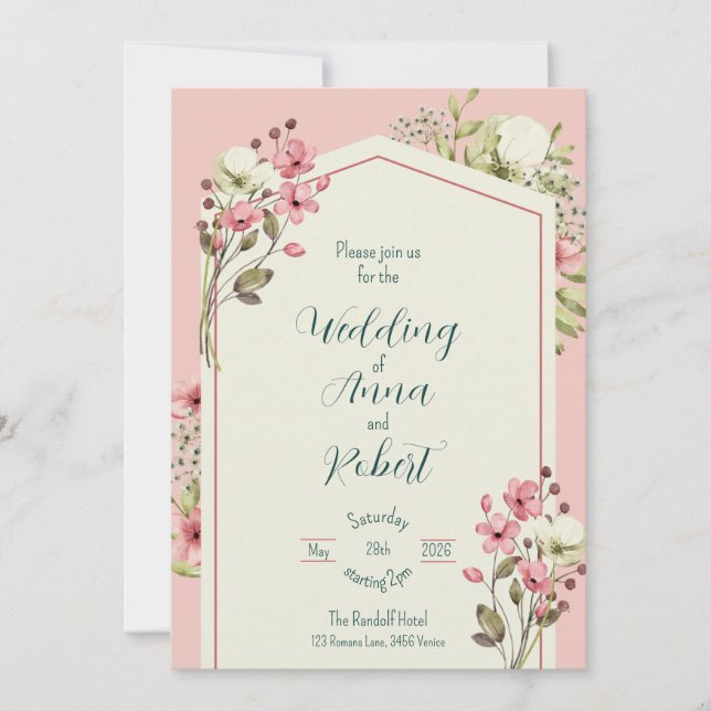 Invitation Mariage géométrique Fleur sauvage rose et blanc (Devant)