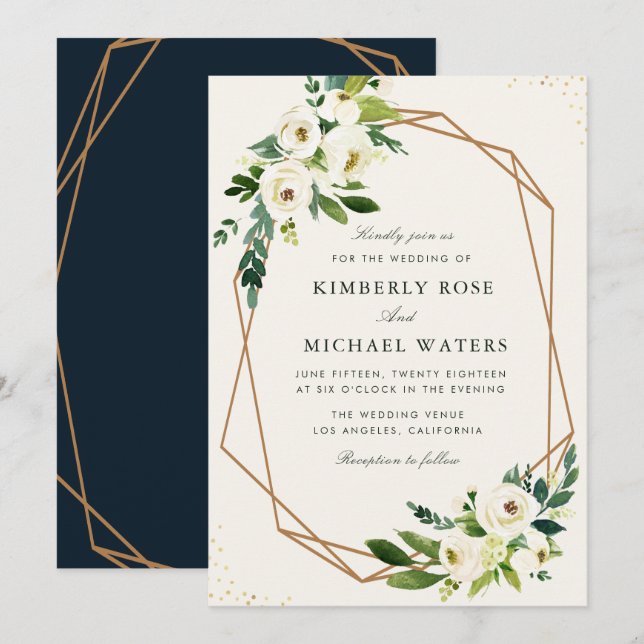 Invitation Mariage géométrique fleuri blanc ivoire (Devant / Derrière)