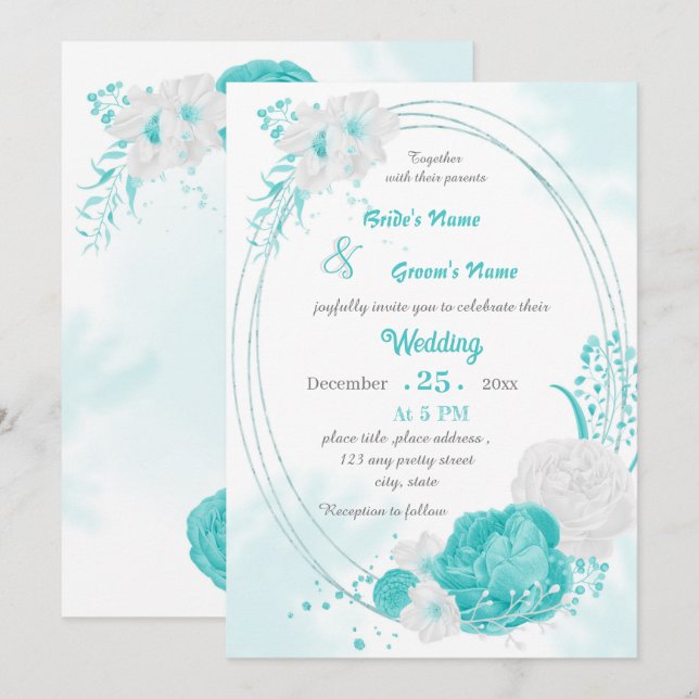 Invitation mariage géométrique floral blanc turquoise (Devant / Derrière)