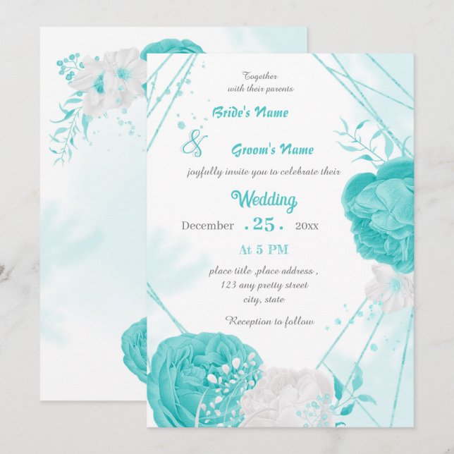 Invitation mariage géométrique floral blanc turquoise (Devant / Derrière)