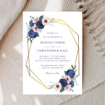 Mariage géométrique floral bleu marine et blush