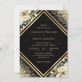 Invitation Mariage Géométrique Floral Crème Noir Or