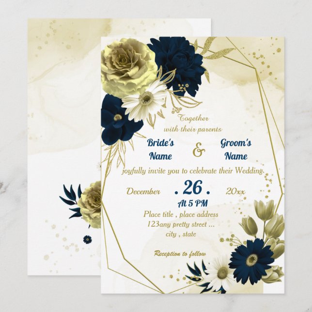 Invitation Mariage géométrique floral d'or bleu marine (Devant / Derrière)
