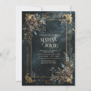 Invitation Mariage Géométrique Floral Or Marbre Blanc Élégant