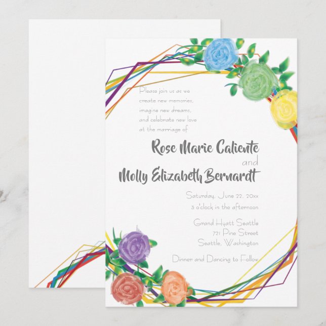 Invitation Mariage géométrique Floral Rainbow moderne (Devant / Derrière)