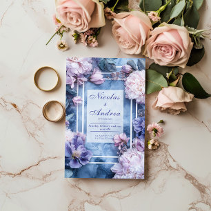 Invitation Mariage Géométrique Floral Violet Rose Marbre Bleu