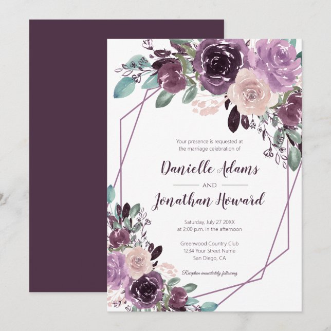 Invitation Mariage Géométrique Floral Violet Sangria | (Devant / Derrière)