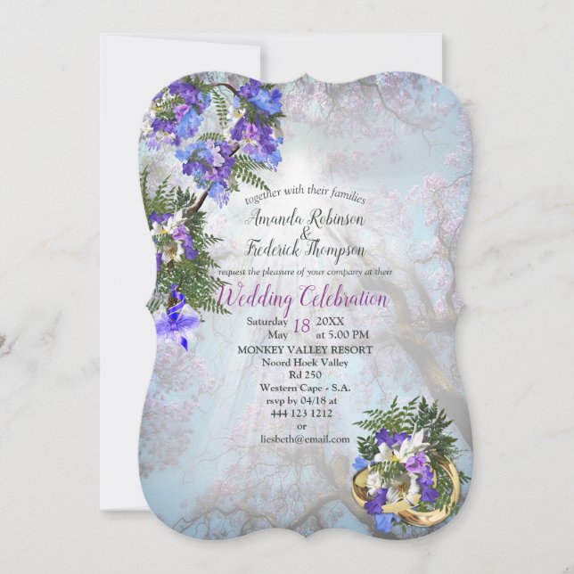 Invitation Mariage géométrique Gold & Jacaranda Fleurs (Devant)