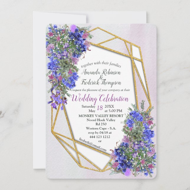 Invitation Mariage géométrique Gold & Lavender Flowers (Devant)