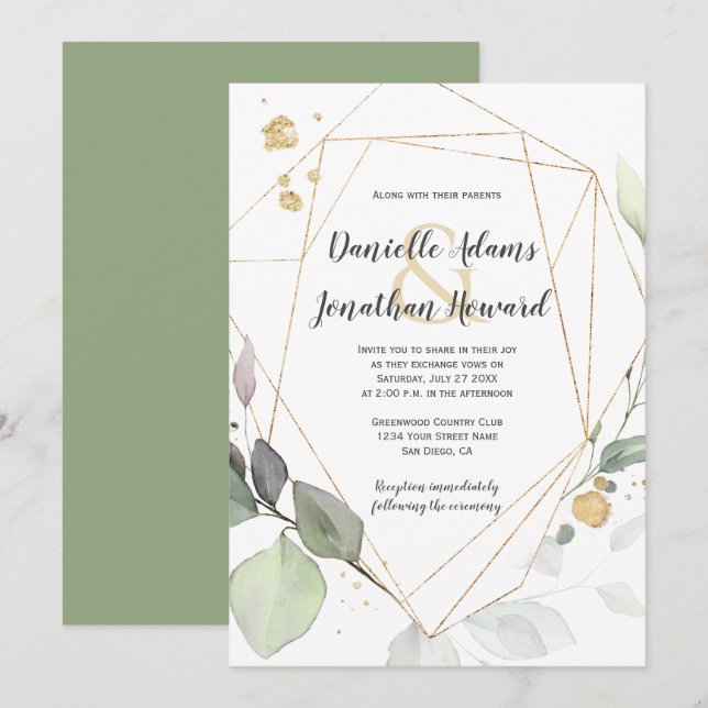 Invitation Mariage géométrique Meadow Green et Feuilles Gold (Devant / Derrière)