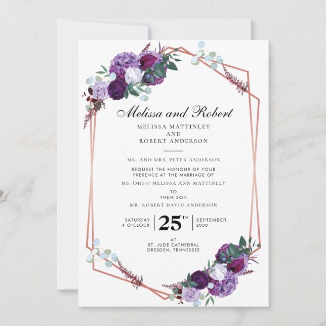 Invitation Mariage géométrique moderne et floral violet (Devant)