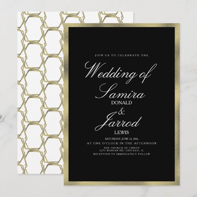 Invitation Mariage géométrique moderne Faux Gold Black (Devant / Derrière)