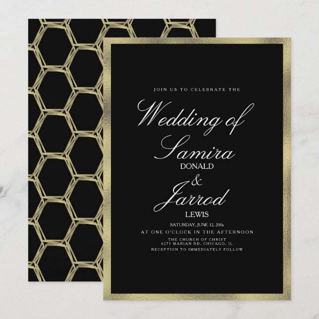 Invitation Mariage géométrique moderne Faux Gold Black (Devant / Derrière)