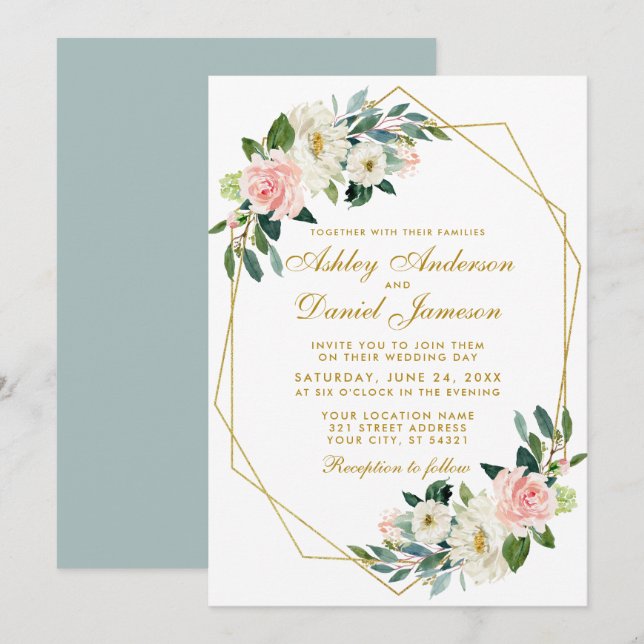 Invitation Mariage géométrique moderne Floral Rose or G (Devant / Derrière)