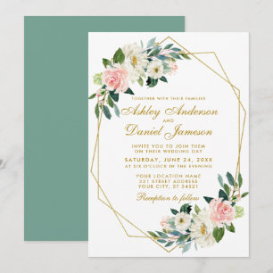 Invitation Mariage géométrique moderne Floral Rose or G
