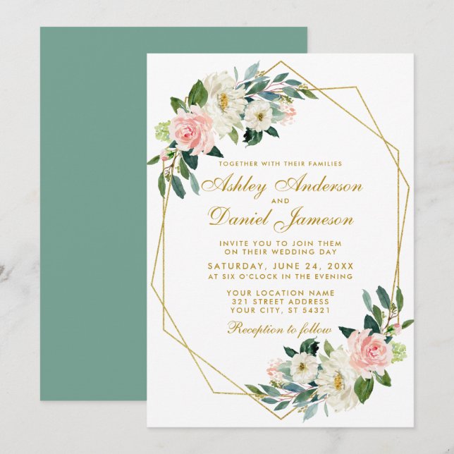 Invitation Mariage géométrique moderne Floral Rose or G (Devant / Derrière)