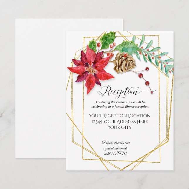 Invitation Mariage géométrique moderne Noël Rouge Floral Or (Devant / Derrière)