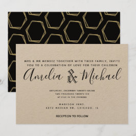 Invitation Mariage géométrique moderne or et noir Kraft