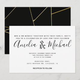 Invitation Mariage Géométrique Moderne Or Noir Blanc