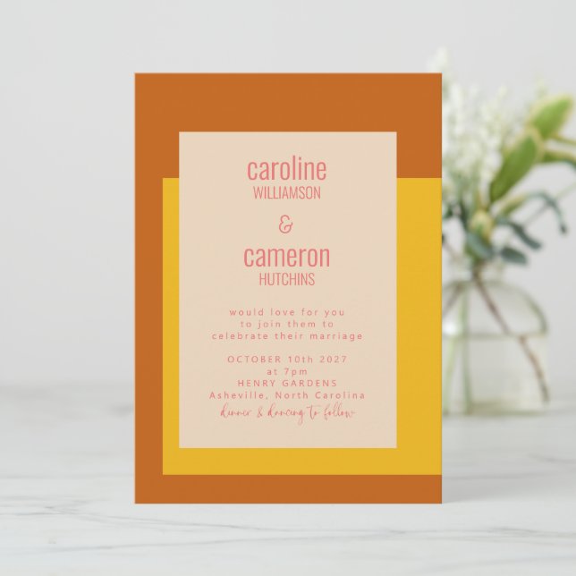 Invitation Mariage géométrique moderne rose jaune en terre cu (Debout devant)