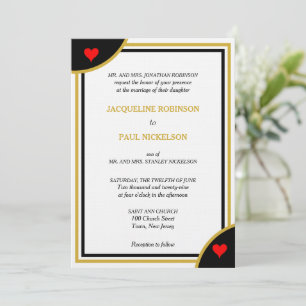 Invitation Mariage Géométrique Monogramme Or Noir Cœurs Rouge