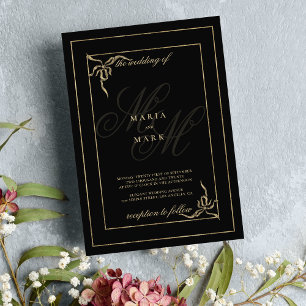 Invitation Mariage géométrique noir arc en or monogramme init