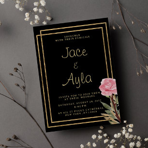 Invitation Mariage géométrique noir or rose menthe rose