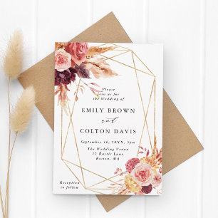 Invitation Mariage géométrique or en terre cuite bordeaux