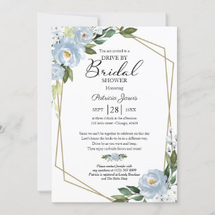Invitation Mariage géométrique poussiéreux bleu floral en voi