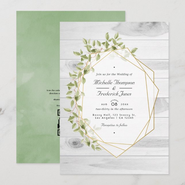 Invitation Mariage géométrique QR Code RSVP avec verdure rust (Devant / Derrière)