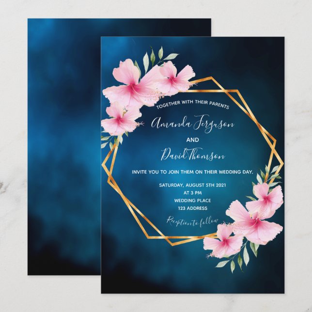 Invitation Mariage géométrique rose bleu foncé (Devant / Derrière)